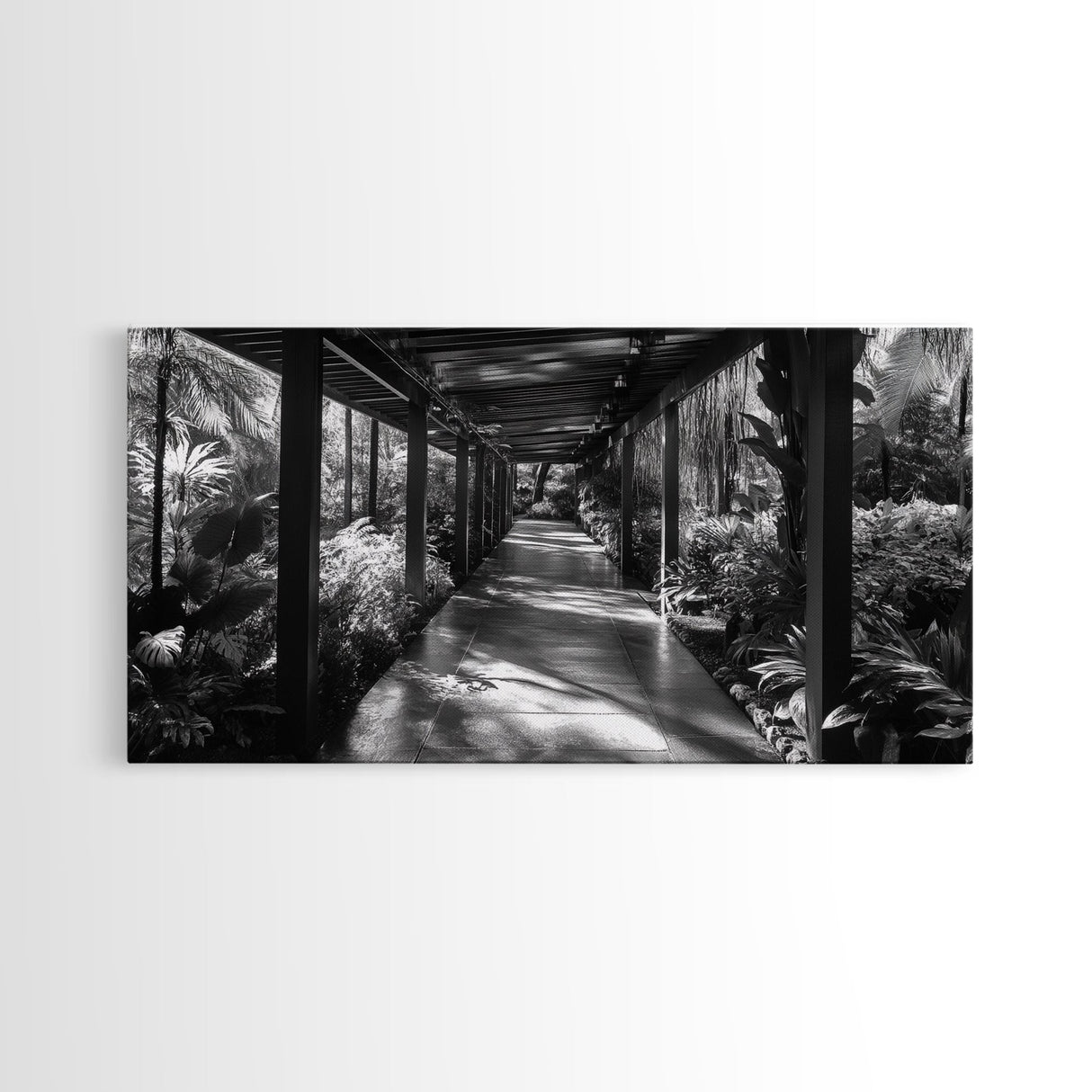 Serene Garden Pathway, Nature Tunnel Walk, Tropical Jungle Scene, Framed Canvas Print, Minimalist Art, Living Room Wall Decor