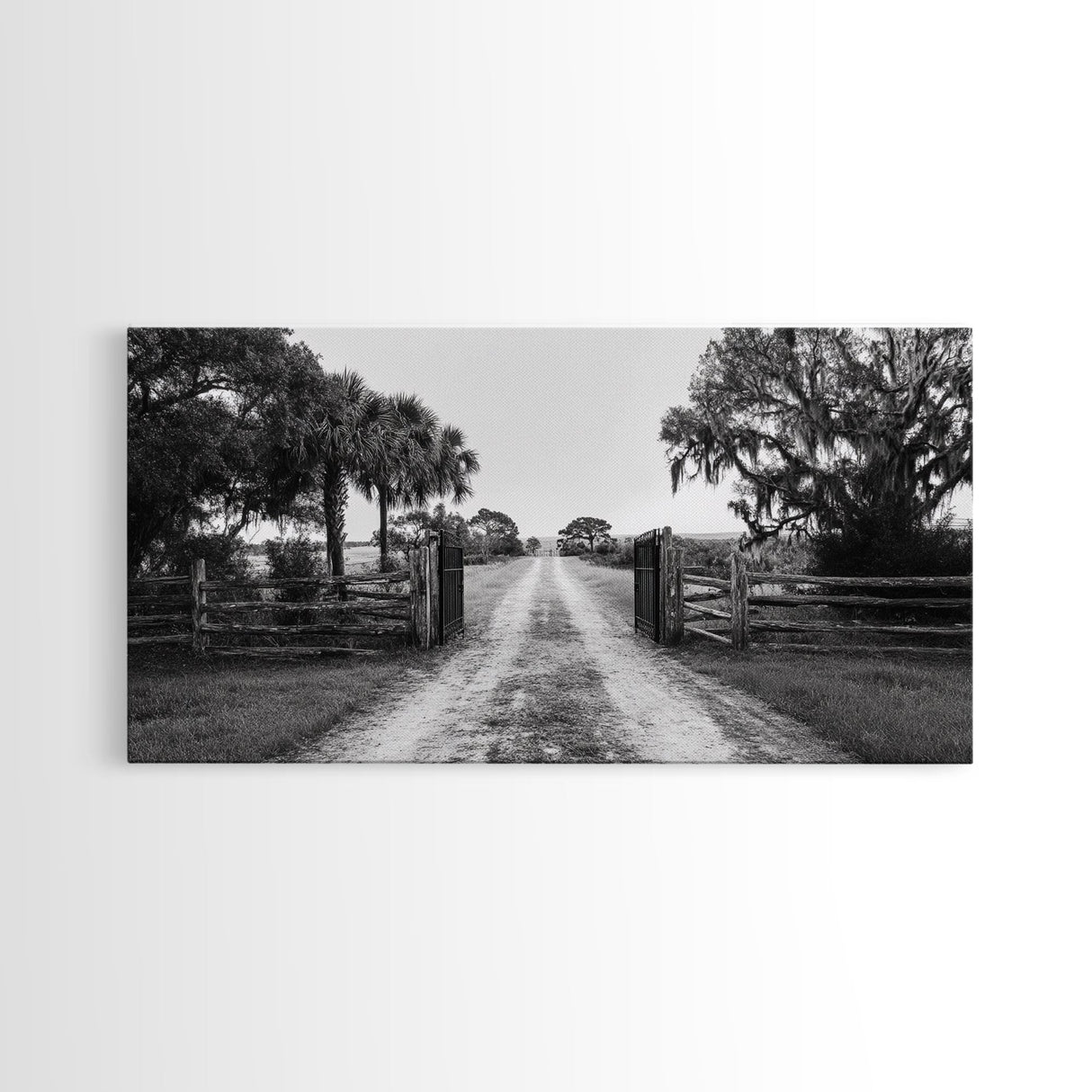 Rustic Gate Trail, Southern Country Road, Tree-Lined Entry, Framed Canvas Print, Farmhouse Style, Entryway or Office Wall Art