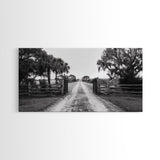 Rustic Gate Trail, Southern Country Road, Tree-Lined Entry, Framed Canvas Print, Farmhouse Style, Entryway or Office Wall Art