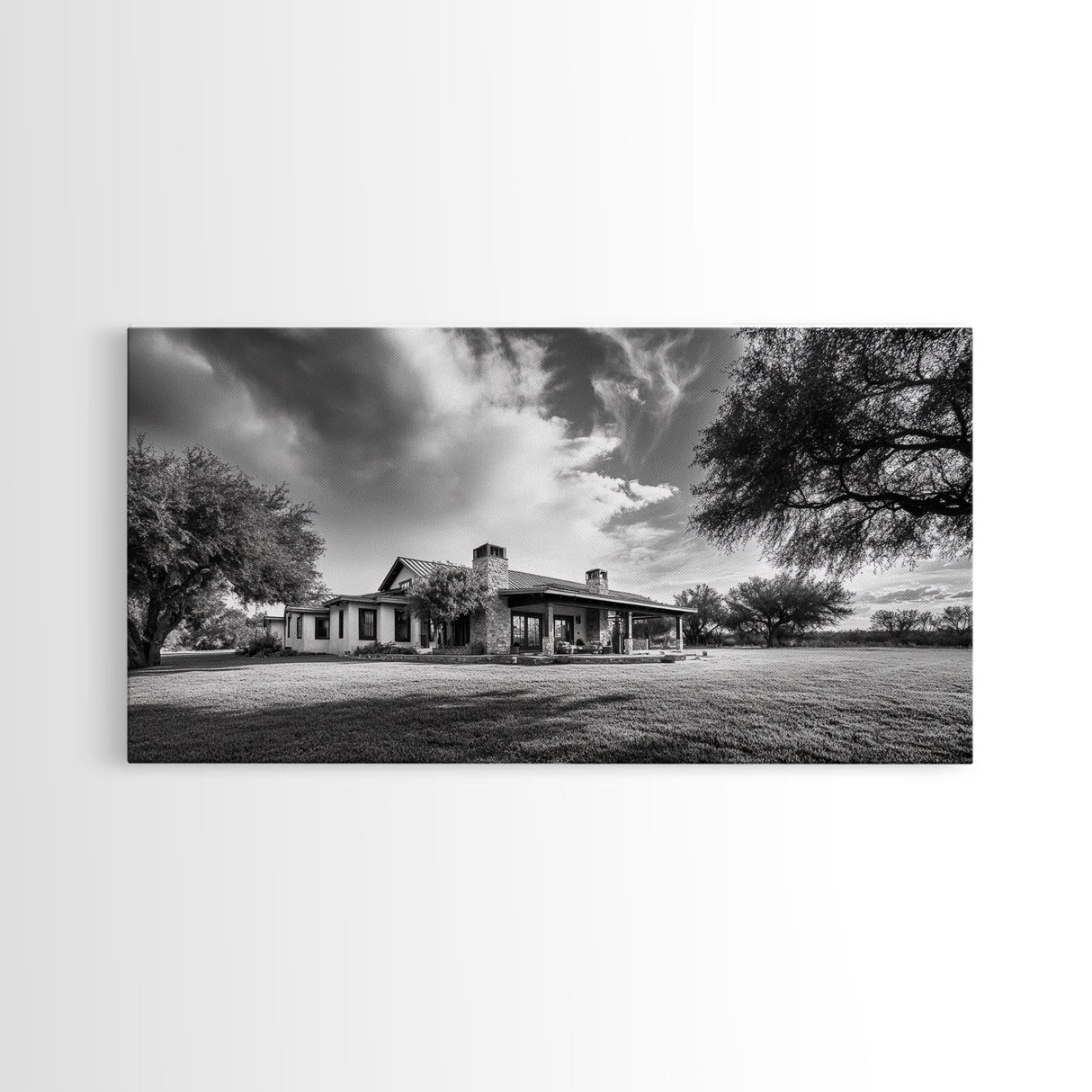 Southwestern Ranch Home, Texas House Scene, Peaceful Rural Living, Framed Canvas Print, Rustic Landscape Art, Living Room Decor