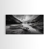 Ocean Snake Landscape, Coastal Creature Scene, Black and White Reptile, Framed Canvas Print, Moody Art, Bedroom or Den Decor