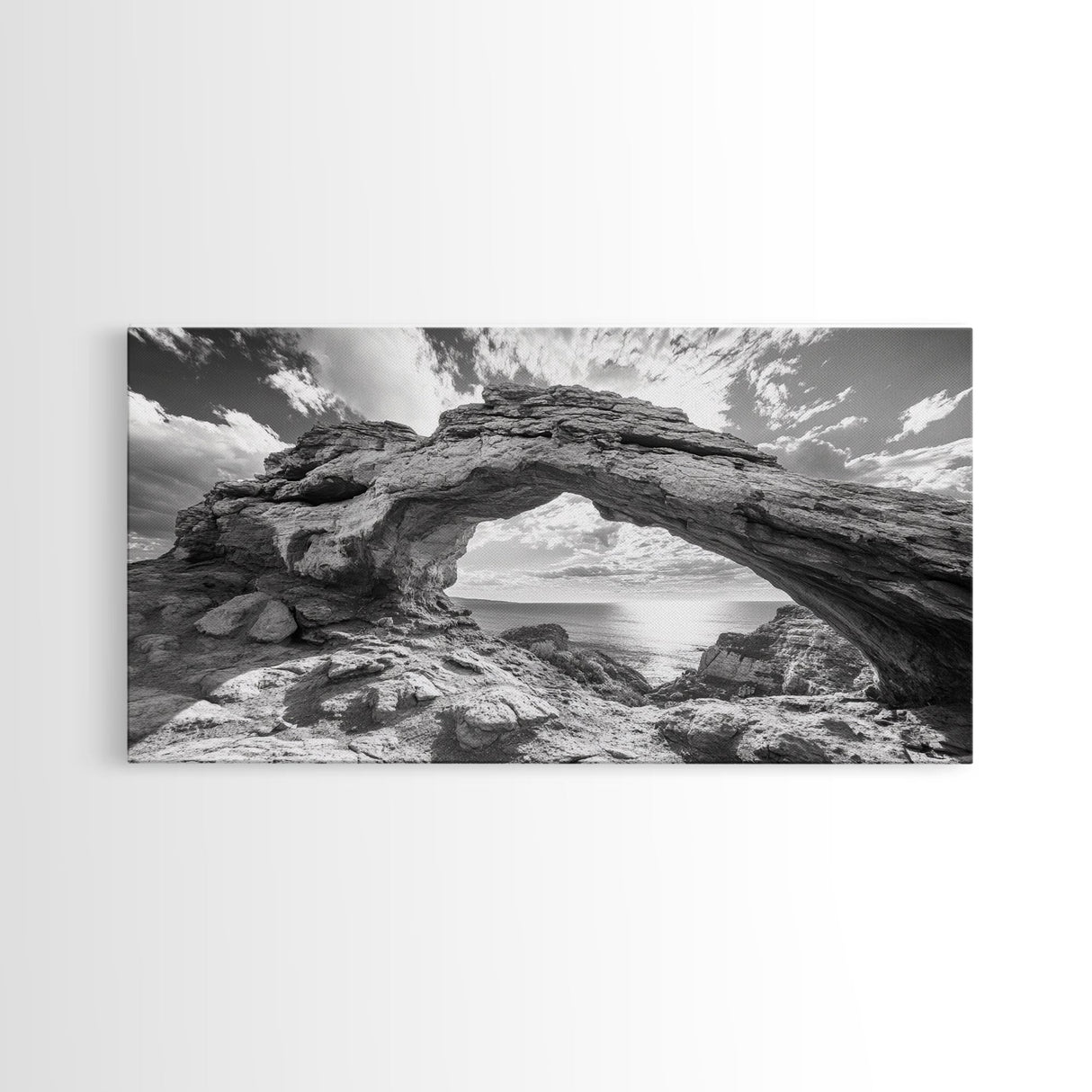 Natural Rock Arch, Seaside Cliff View, Desert Coastal Window, Framed Canvas Print, Boho Earth Tones, Living Room Wall Decor