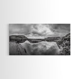 Reflected Cliffs, Stormy Sky, Coastal View, Dramatic Landscape, Canvas Print, minimalist art, office decor, moody black and white wall art