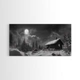 Snowy Cabin, Winter Night, Starry Sky, Cozy Mountain Scene, Framed Canvas Print, rustic lodge decor, Christmas art, bedroom wall print