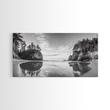 Sea Stacks, Calm Waters, Coastal Trees, Tranquil Morning, Framed Canvas Print, coastal wall art, nature inspired, entryway decor