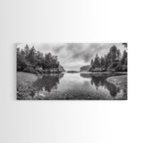 Forest Shoreline, Pebble Beach, Misty Inlet, Calm Waters, Canvas Print, natural modern art, neutral palette, living room wall decor