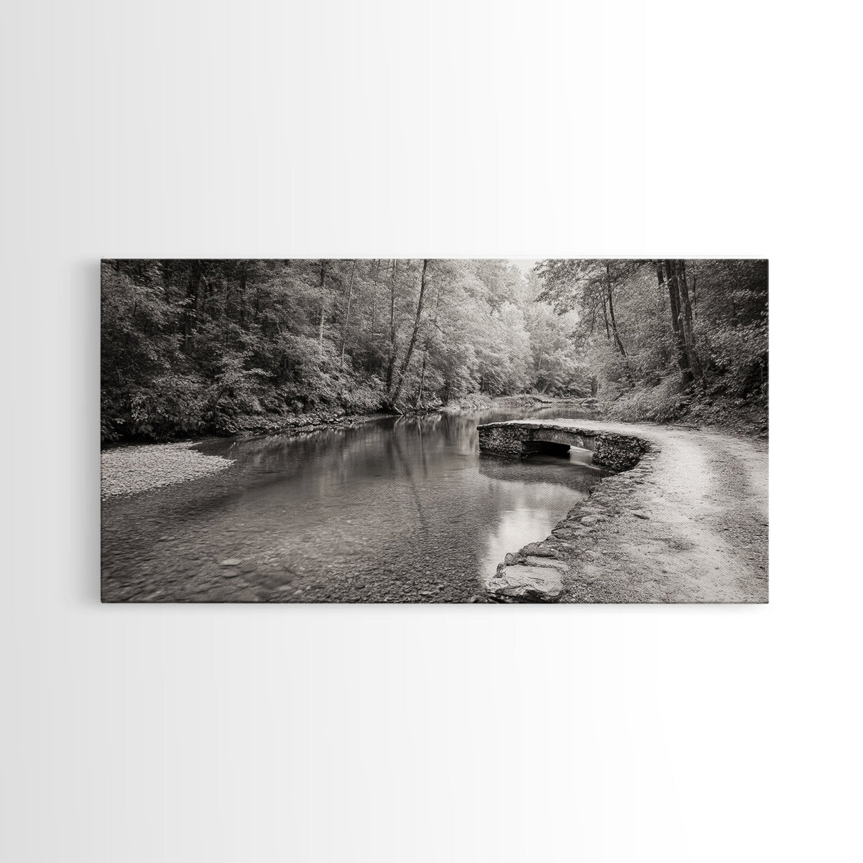 Stone Bridge, Forest Path, Quiet Creek, Peaceful Nature, Canvas Print, tranquil woodland art, Fall entryway piece, rustic landscape