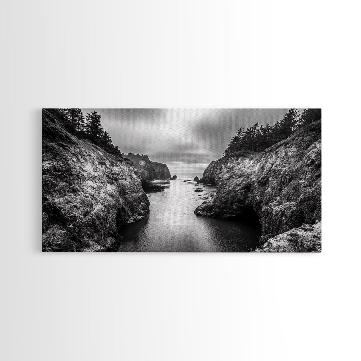 Ocean Passage, Cliff Channel, Rugged Coast, Forest Horizon, Canvas Print, dramatic nature art, large wall piece, hallway landscape art