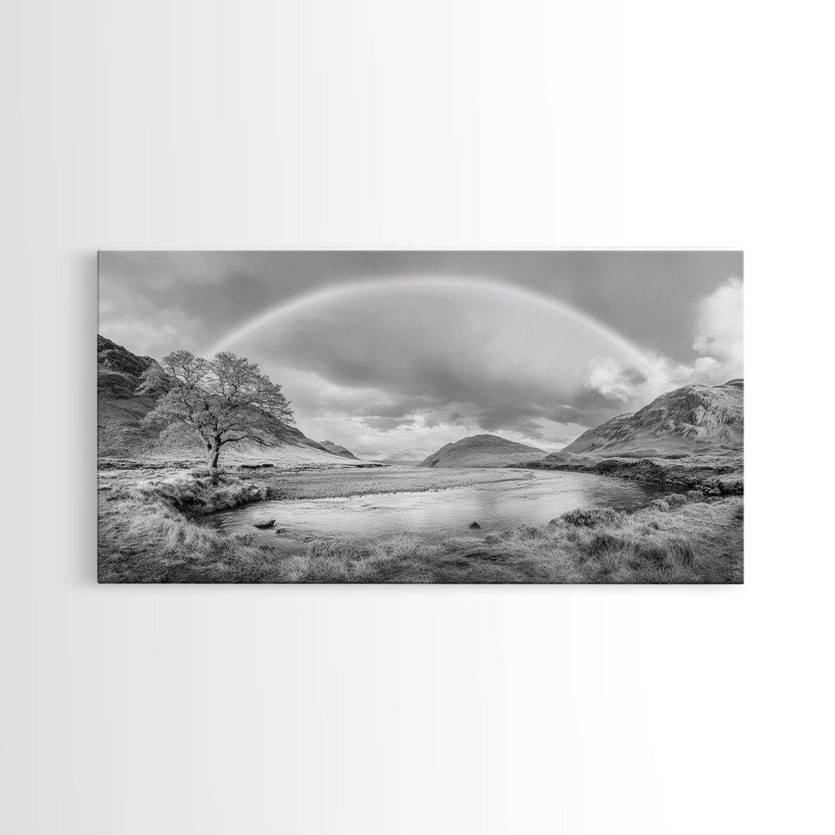 Rainbow, River Valley, Highland Scene, Minimalist Landscape Art, Framed Canvas Print, Entryway Decor, Rustic Nature Print, Calming Wall Art