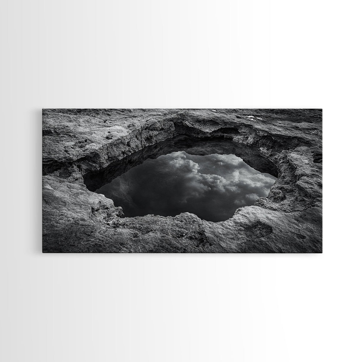 Sky Reflection, Stone Pool, Abstract Nature, Moody Minimalist Art, Framed Canvas Print, Bedroom Wall Art, Contemporary Monochrome Decor
