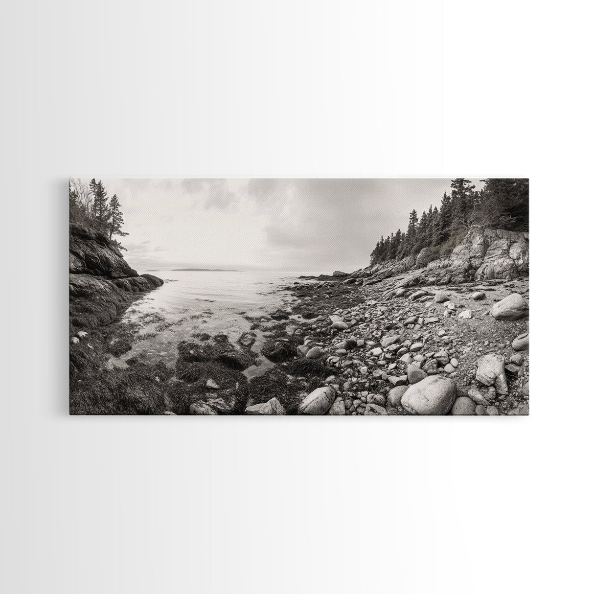 Rocky Coast, Forest Edge, Tranquil Shoreline, Earthy Landscape Scene, Canvas Print, Neutral Home Decor, Rustic Cabin Wall Art