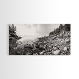 Rocky Coast, Forest Edge, Tranquil Shoreline, Earthy Landscape Scene, Canvas Print, Neutral Home Decor, Rustic Cabin Wall Art
