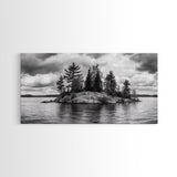Lake Island, Pine Trees, Nature Panorama, Black and White Wilderness, Framed Canvas Print, Office Wall Art, Outdoor Inspired Decor