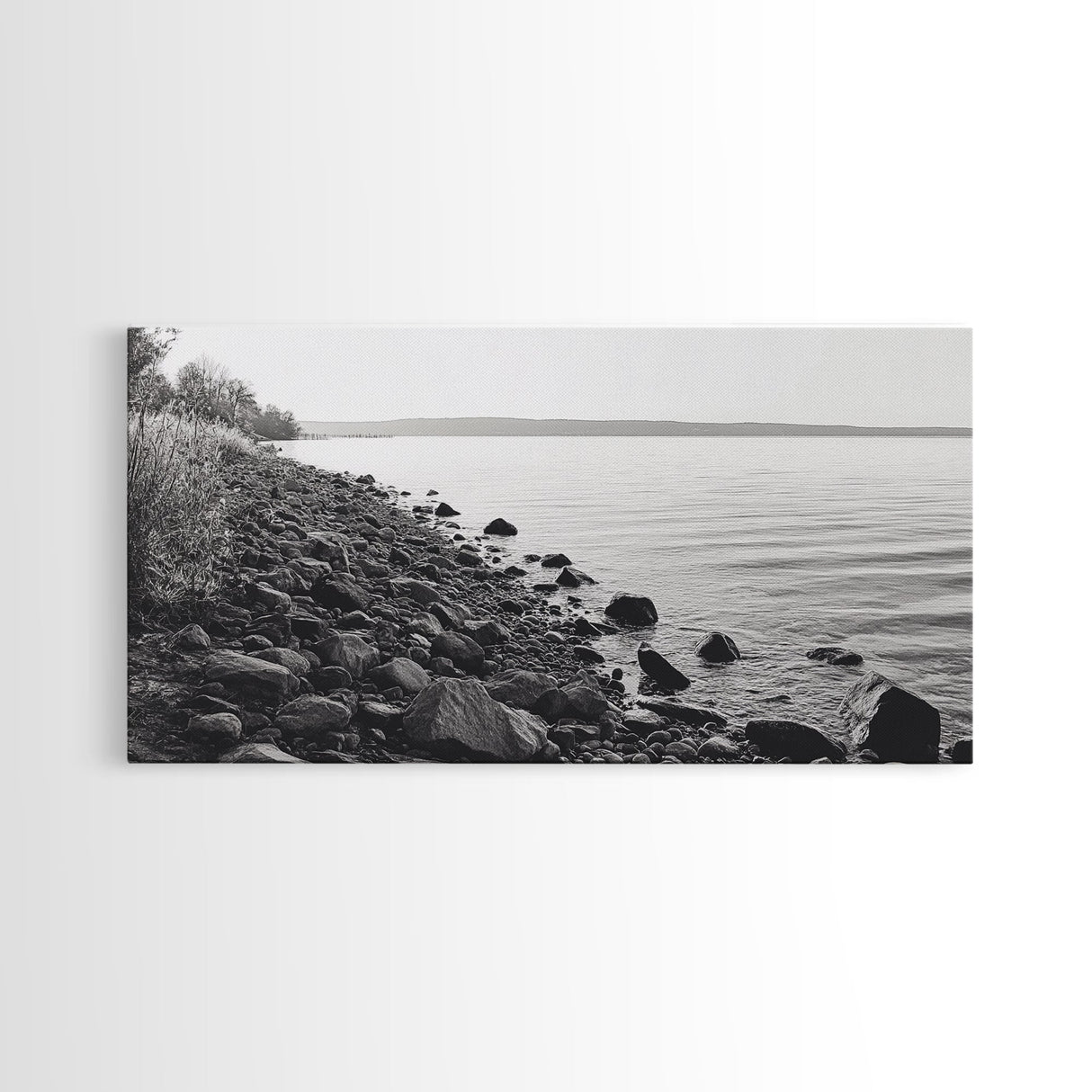 Shoreline Rocks, Quiet Water, Still Landscape, Coastal Photography, Canvas Print, Minimalist Office Art, Calm Nature Scene