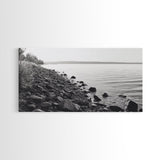 Shoreline Rocks, Quiet Water, Still Landscape, Coastal Photography, Canvas Print, Minimalist Office Art, Calm Nature Scene