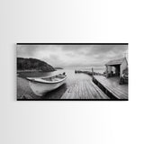 Rowboat Dock, Harbor Scene, Calm Waters, Quiet Morning, Framed Canvas Print, Lakeside Cabin Wall Art, Rustic Nautical Decor, Cabin Decor