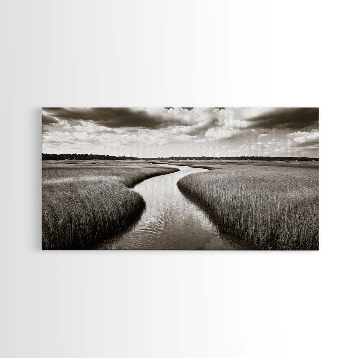 Winding River, Marsh Grass, Nature Path, Sepia Tones, Framed Canvas Print, Country Wall Art, Entryway Decor, Rustic Landscape Aesthetic