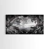 Ocean Cave View, Coastal Tree Framing, Tranquil Sea Scene, Nature Window Art, Framed Canvas Print, Bedroom Wall Art, Zen Decor