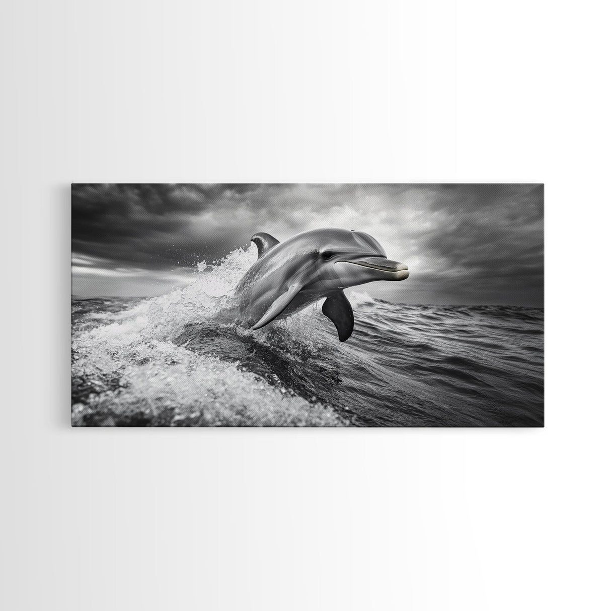 Leaping Dolphin, Ocean Life, Marine Animal, Waves Splashing, Framed Canvas Print, Coastal Kids Room Art, Beach House Decor