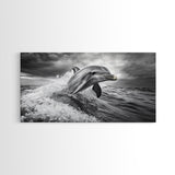 Leaping Dolphin, Ocean Life, Marine Animal, Waves Splashing, Framed Canvas Print, Coastal Kids Room Art, Beach House Decor