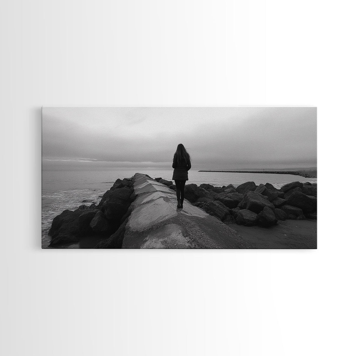 Woman Walking, Jetty View, Seaside Mood, Solitude Moment, Framed Canvas Print, Moody Wall Art, Bedroom Meditation Decor, Boho Decor