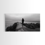 Woman Walking, Jetty View, Seaside Mood, Solitude Moment, Framed Canvas Print, Moody Wall Art, Bedroom Meditation Decor, Boho Decor