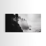 Foggy Cliff Coast, Ocean Pines Landscape, Moody Nature Art, Misty Seascape Scene, Framed Canvas Print, Living Room Wall Art, Fall Decor