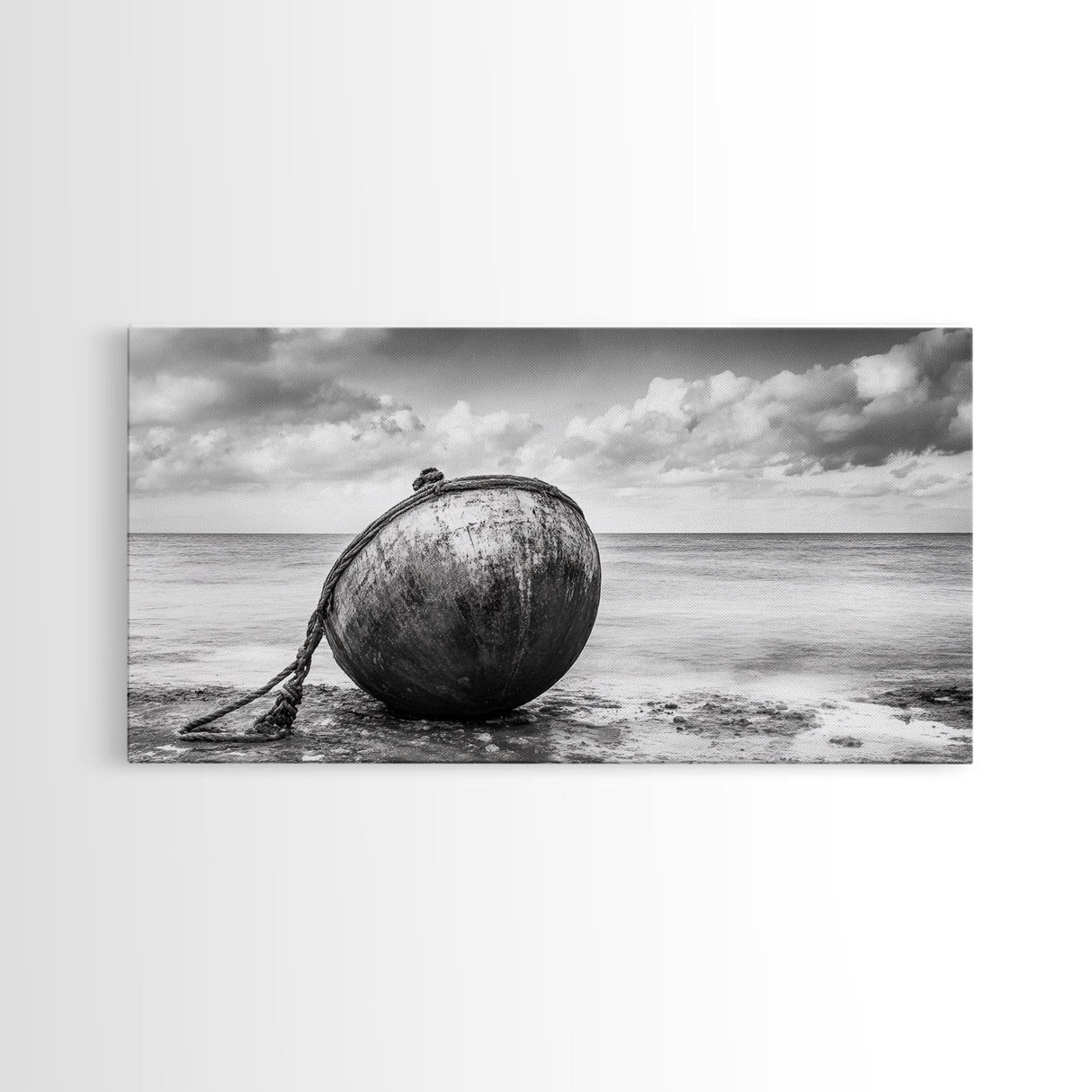 Weathered Buoy, Nautical Rope, Coastal Still Life, Beach Found Object, Framed Canvas Print, Beach House Art, Bathroom Wall Decor