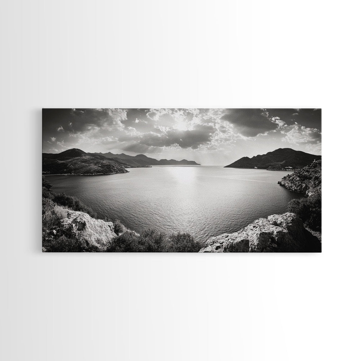 Ocean Sunset View, Mountain Coast Landscape, Black and White Art, Canvas Print, Minimalist Decor, Living Room Wall Art, Tranquil Home Style