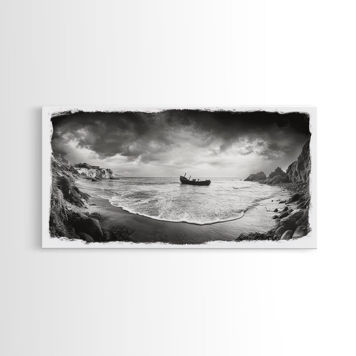 Shipwreck Beach Scene, Dramatic Coastline, Black and White Decor, Framed Canvas Print, Moody Art, Coastal Wall Art, Rustic Bedroom Print