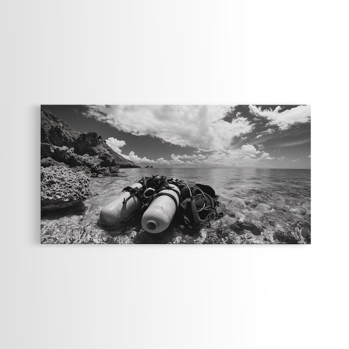Dive Gear Shoreline, Ocean Exploration Scene, Black and White Adventure Art, Canvas Print, Nautical Decor, Man Cave Wall Art, Nautical Wall Art