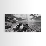 Dive Gear Shoreline, Ocean Exploration Scene, Black and White Adventure Art, Canvas Print, Nautical Decor, Man Cave Wall Art, Nautical Wall Art