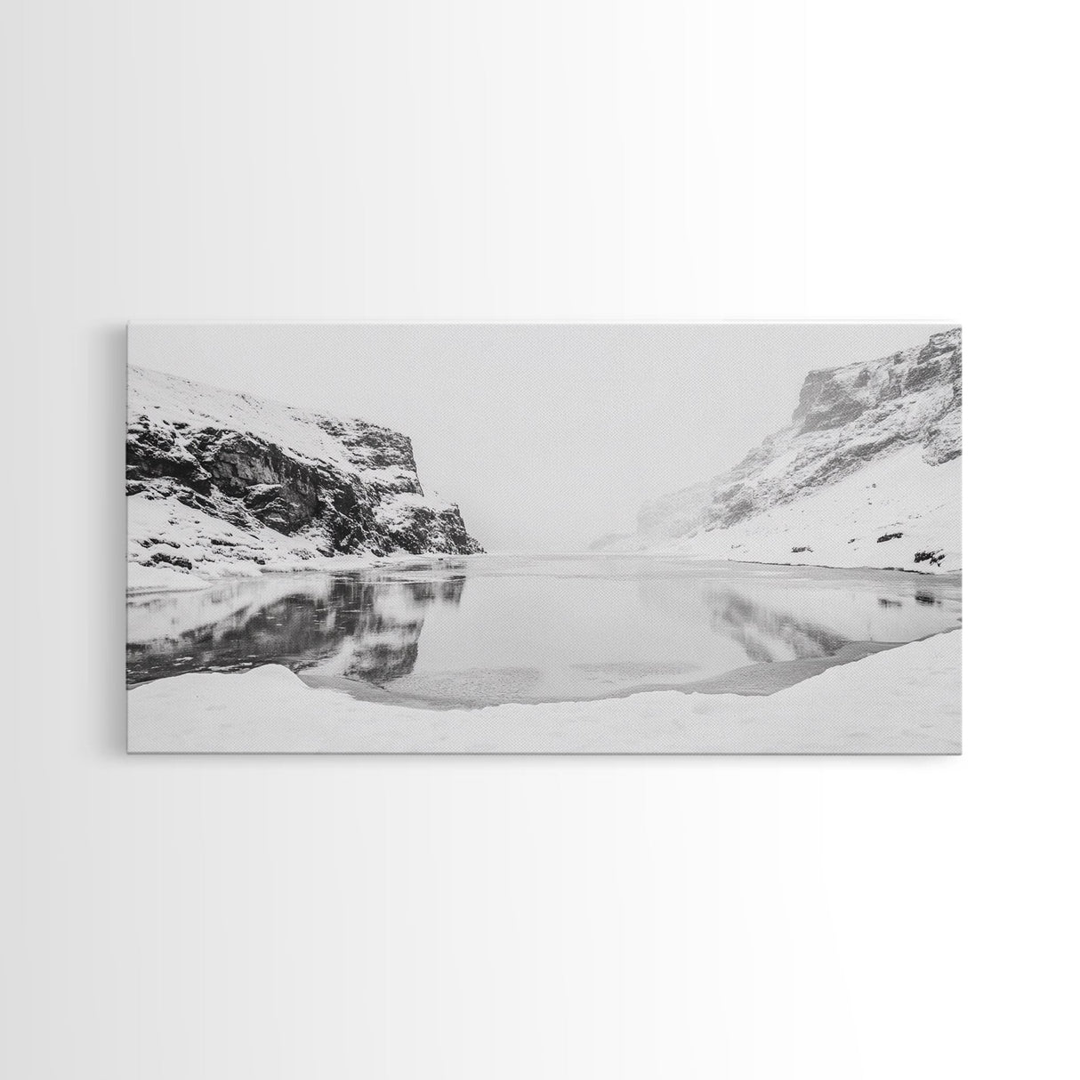 Snowy Cliff Reflection, Winter River Scene, Black and White Nature, Framed Canvas Print, Minimalist Wall Art, Neutral Winter Decor
