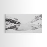 Snowy Cliff Reflection, Winter River Scene, Black and White Nature, Framed Canvas Print, Minimalist Wall Art, Neutral Winter Decor