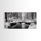Winter Forest Creek, Snow Covered Trees, Black and White Tranquil Art, Canvas Print, Holiday Wall Art, Nature Lover Gift, Cozy Vibe