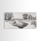 Frozen Stream Scene, Bare Trees Landscape, Black and White Nature Decor, Canvas Print, Winter Wall Art, Neutral Bedroom Accent