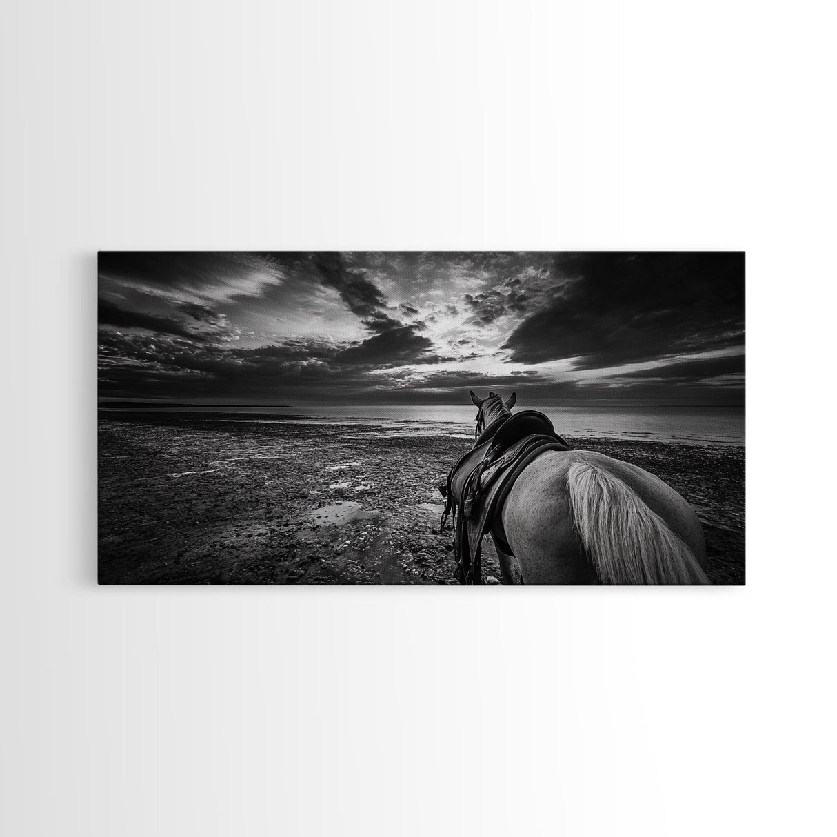 Horseback Beach, Sunset Ride, Equestrian Art, Moody Horizon Scene, Canvas Print, Cowboy Country Decor, Rustic Living Room Wall Art