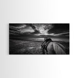 Horseback Beach, Sunset Ride, Equestrian Art, Moody Horizon Scene, Canvas Print, Cowboy Country Decor, Rustic Living Room Wall Art