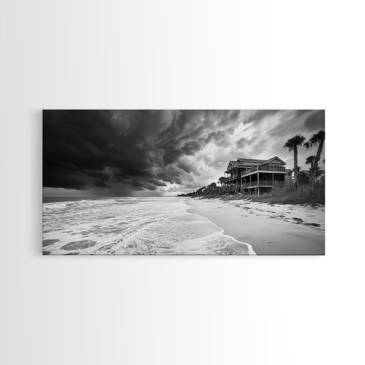 Stormy Beach House, Coastal Decor, Monochrome Photography, Beachfront Scene, Canvas Print, Moody Ocean Wall Art, Bedroom Coastal Wall Decor