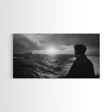 Man Watching Sea, Stormy Ocean View, Emotional Scene, Canvas Print, Moody Coastal Decor, Office Wall Art, Nautical Monochrome Style