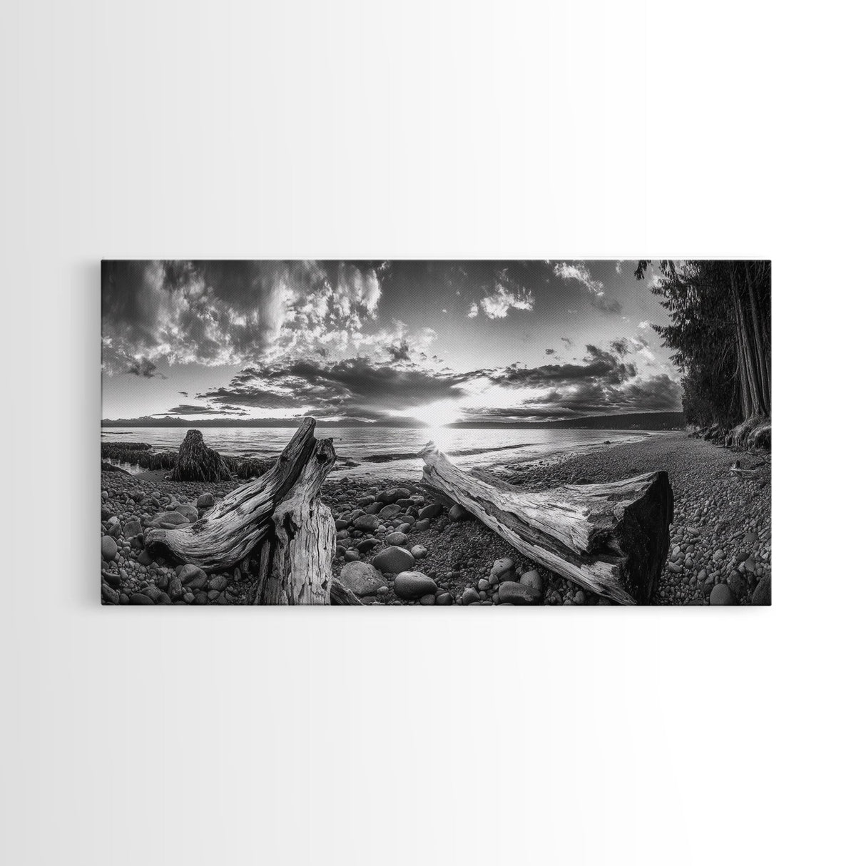 Driftwood Coastline, Rocky Beach Sunset, Nature Wall Art, Framed Canvas Print, Rustic Lake House Decor, Fall Coastal Aesthetic