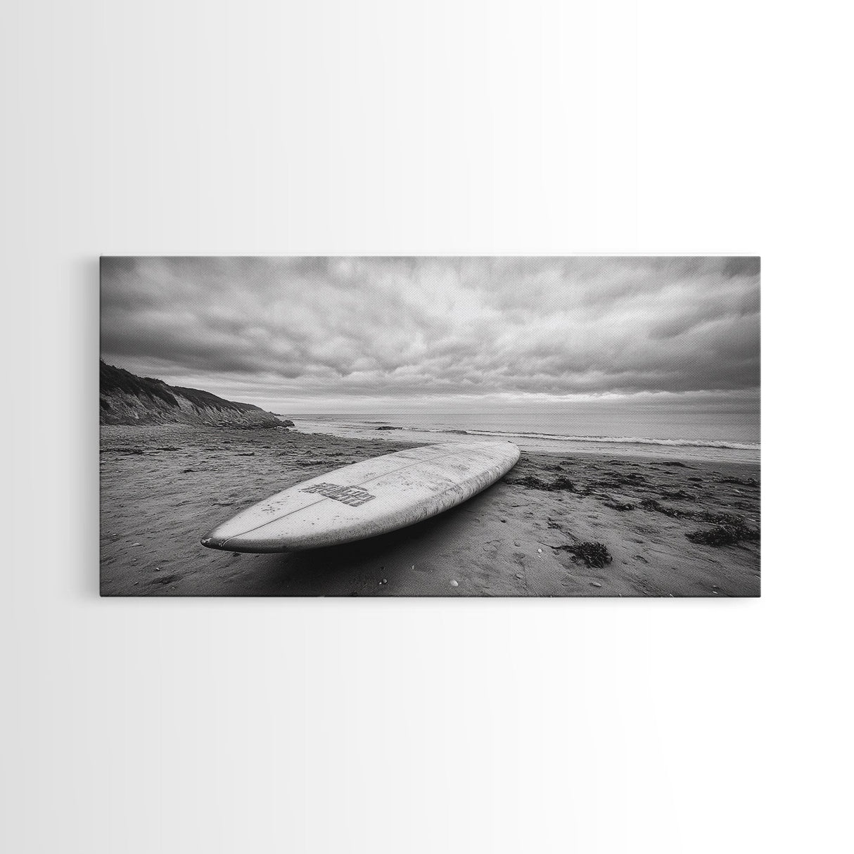 Surfboard, Coastal Shore, Serene Beach, Cloudy Sky, Framed Canvas Print, surfer room decor, rustic beach wall art, neutral home style