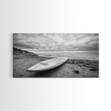 Surfboard, Coastal Shore, Serene Beach, Cloudy Sky, Framed Canvas Print, surfer room decor, rustic beach wall art, neutral home style
