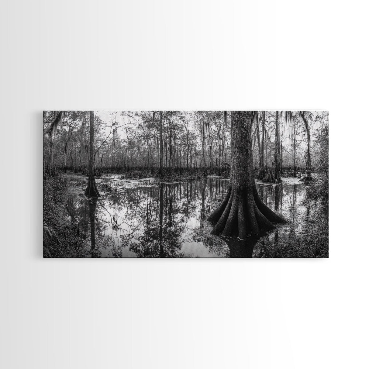 Swamp Trees, Cypress Water, Nature Reflections, Marsh Scene, Framed Canvas Print, rustic cabin decor, hallway wall art, forest wall print