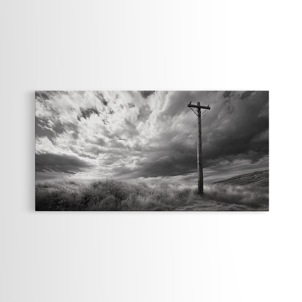 Power Pole, Rural Landscape, Stormy Sky, Country Calm, Framed Canvas Print, farmhouse entryway wall art, rustic black and white print
