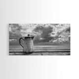Seaside Coffee Pot, Oceanfront Still Life, Rustic Morning, Framed Canvas Print, Nautical Wall Art, Beach Kitchen Decor, Moody Nature Art