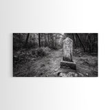 Forest Trail, Stone Marker, Ancient Symbol, Misty Pathway, Framed Canvas Print, cabin decor, woodland art, Autumn wall print, rustic charm