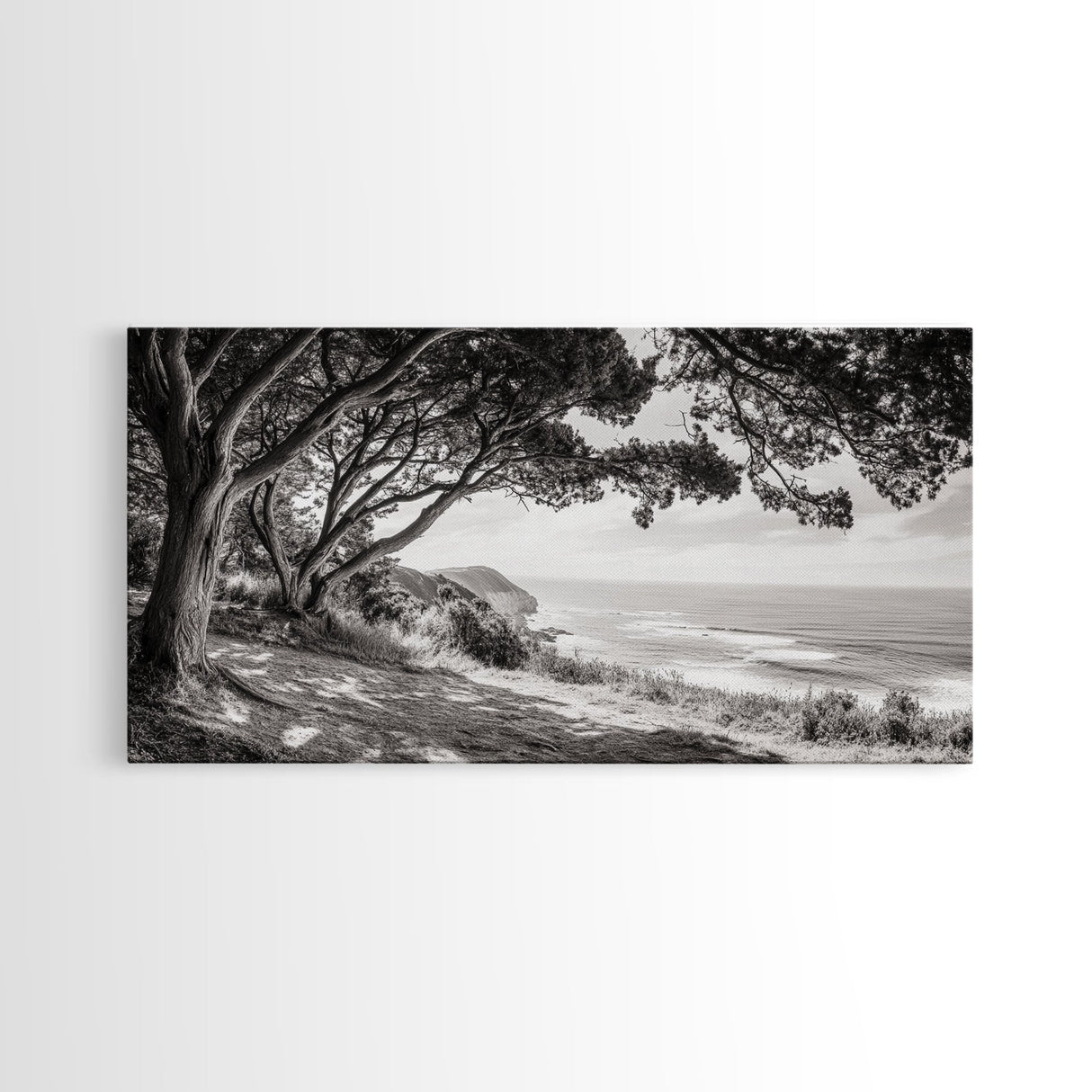 Ocean View, Coastal Trees, Cliffside Vista, Light and Shadows, Framed Canvas Print, landscape wall art, modern beach decor, boho living room