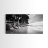 Pine Trees, Sandy Beach, Coastal Serenity, Driftwood Shore, Framed Canvas Print, neutral wall art, coastal rustic style, entryway landscape