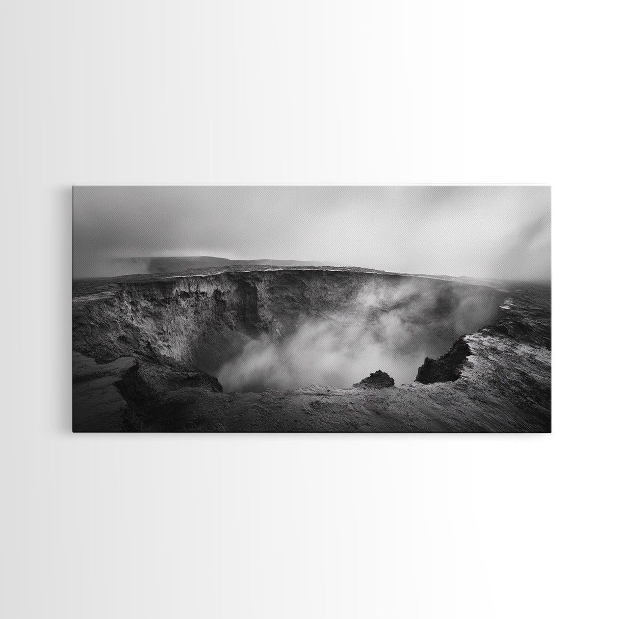 Volcanic Crater, Smoky Earth, Epic Landscape, Framed Canvas Print, Dramatic Nature Art, Study Room Decor, Moody Monochrome Photography